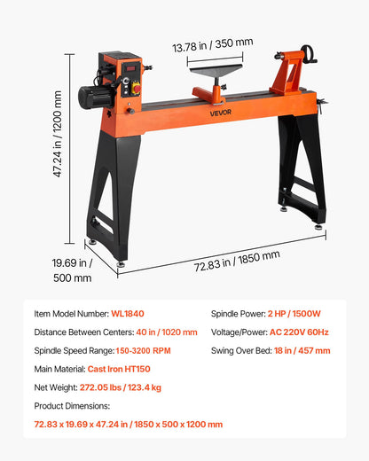 VEVOR 2 HP Wood Lathe, 18 x 40 Inches, 150–3200 RPM Variable Speed, Brushless DC Motor, Cast Iron Body, Tool Rest
