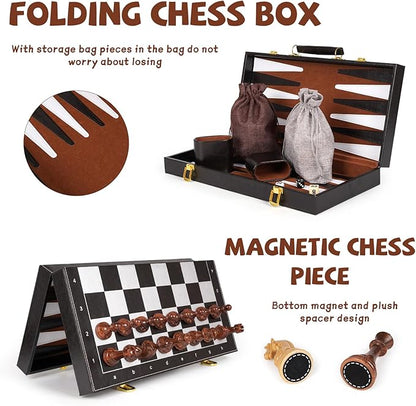 3 in 1 Magnetic Chess Set &amp Checkers Backgammon Board Game Set 15 Wooden Folding Chess Board Tournament Portable Travel Chess Set Beginner Chess Board Game for Adults &amp Kids