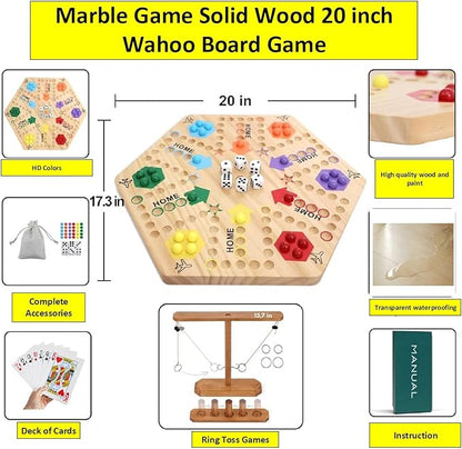 Wooden Wahoo Marble Board Game (20 INCH) Double-Sided for 2-6 Players with 24 Marbles and 6 dice. Also Includes Ring Toss Wooden Hook and Ring Gameand Premium Playing Cards.