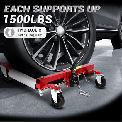 Car Dolly Set of 2, 1500 LBS Capacity Wheel Dolly with Hydraulic Tire Jack & Aluminium Twin Rollers, Heavy Duty Rollers with Foot Pedal for Tire Auto Repair Moving