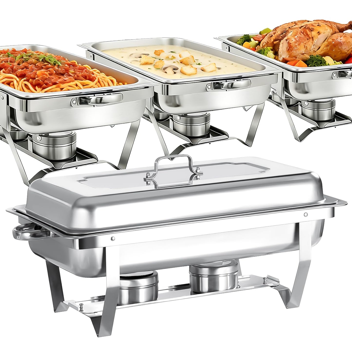 Jacgood 4 Pack 8QT Stainless Steel Chafing Dishes for Buffet, Foldable Frame Food Warmers with Full Size Pan Ideal for Catering, Weddings, Christmas Parties, Event Serving Supplies