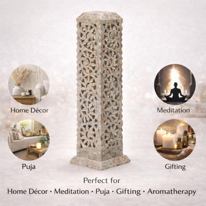 Carry Me Handmade Marble Soapstone Incense Stick Burner | Candle Stick Holder | Tea Light Stand - Perfect Incense Tower for Gifting. Decorative Home and Kitchen Decor (3 x 3 x 11 Inches)