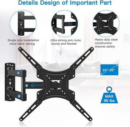 Pipishell Full Motion TV Wall Mount Bracket - Articulating Arms for 24-55 Inch TVs | Max VESA 400x400mm, 66lbs Capacity