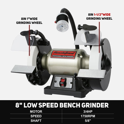 BUCKTOOL 8 Inch 3/4 HP Low-Speed Bench Grinder fit CBN Wheel Professional Wobble-free Wheel Grinder TDS-200C4HL