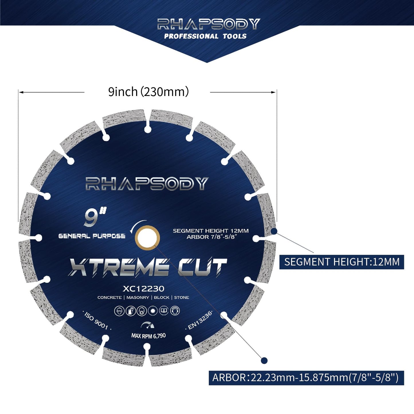RHAPSODY 9 Inch Diamond Saw Blade, Segmented General Purpose Blade Dry/Wet Cutting Concrete, Granite, Masonry, Brick, Block,7/8"-5/8” Arbor