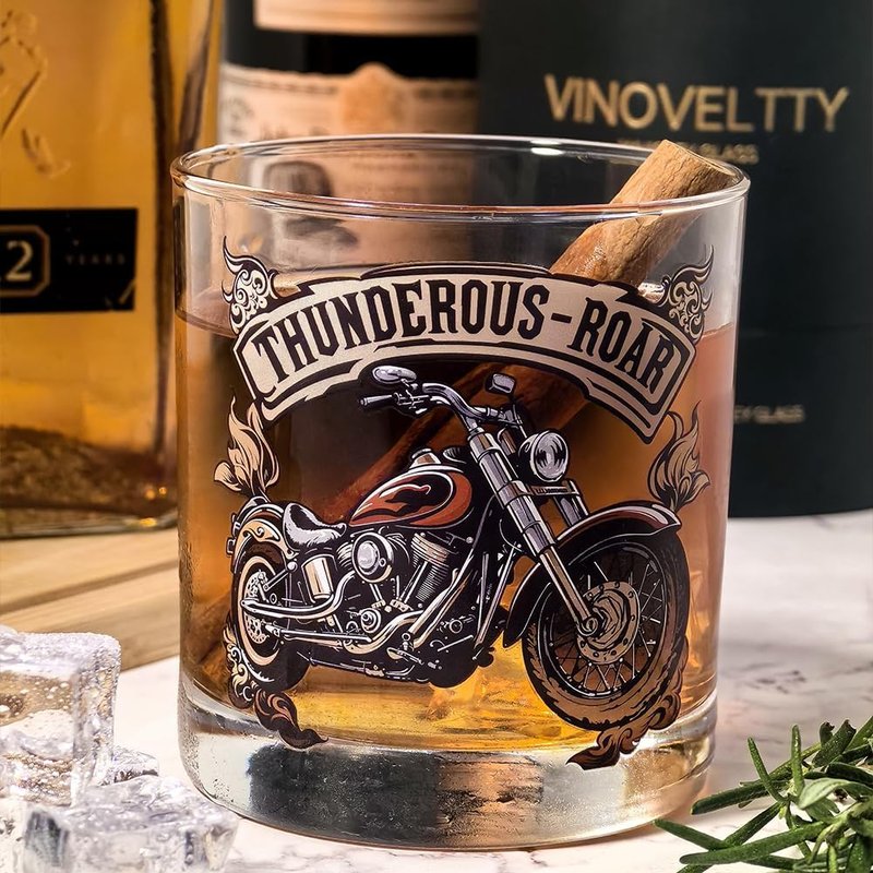 Vinoveltty Motorcycle Whiskey Glass, Motorbike Birthday Gifts for Men Dad Biker, Fathers Day Christmas Gift for Dad Brother Husband, Whiskey Tumbler(300 ML)