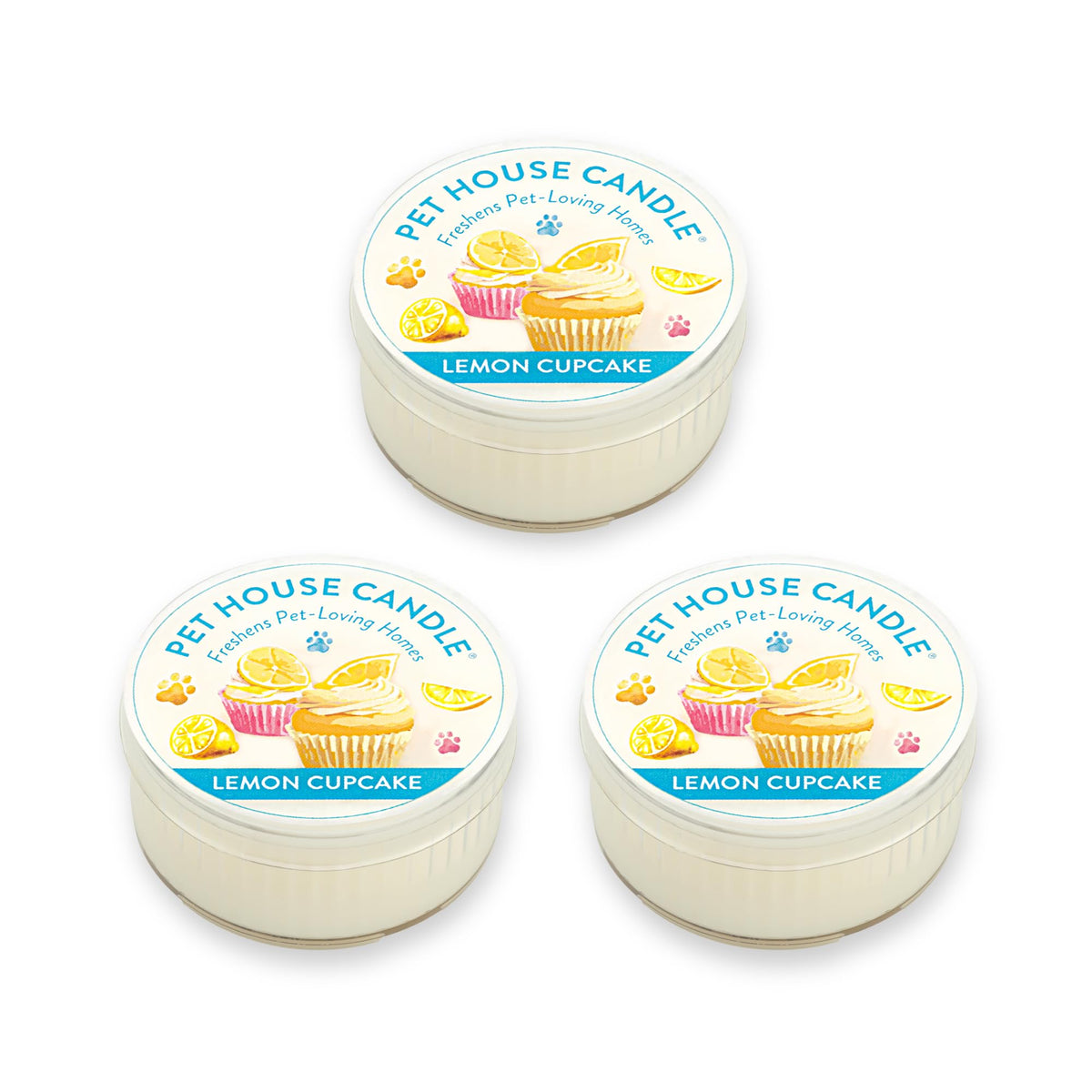 One Fur All Pet House Mini Candles for Pet Odor Made with Natural Soy Wax, Plant Based, Dog and Cat Friendly Scented Candles, Lemon Cupcake Pack of 3