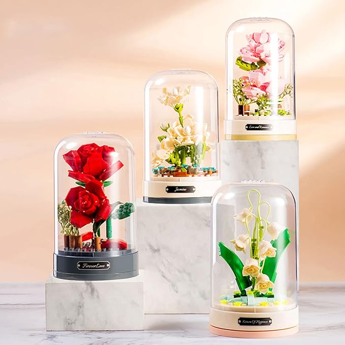 Building Blocks Flowers Bouquet Set with Music Box and Dust-Proof DomeArtificial Particle Flower Collection Construction Building Bricks ToyHome Decor (Lily of The Valley)