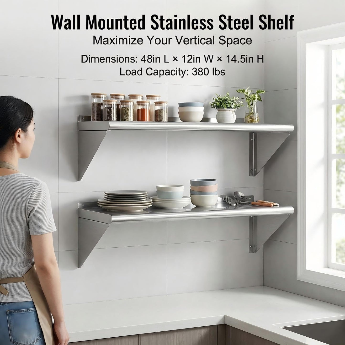 KUARBARR Stainless Steel Shelf Wall-Mounted Stainless Steel Wall Shelf 12 x 48 Inch, 2 Pack Commercial Metal Wall Shelves Garage Shelving for Restaurant Kitchen