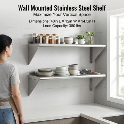 KUARBARR Stainless Steel Shelf Wall-Mounted Stainless Steel Wall Shelf 12 x 48 Inch, 2 Pack Commercial Metal Wall Shelves Garage Shelving for Restaurant Kitchen