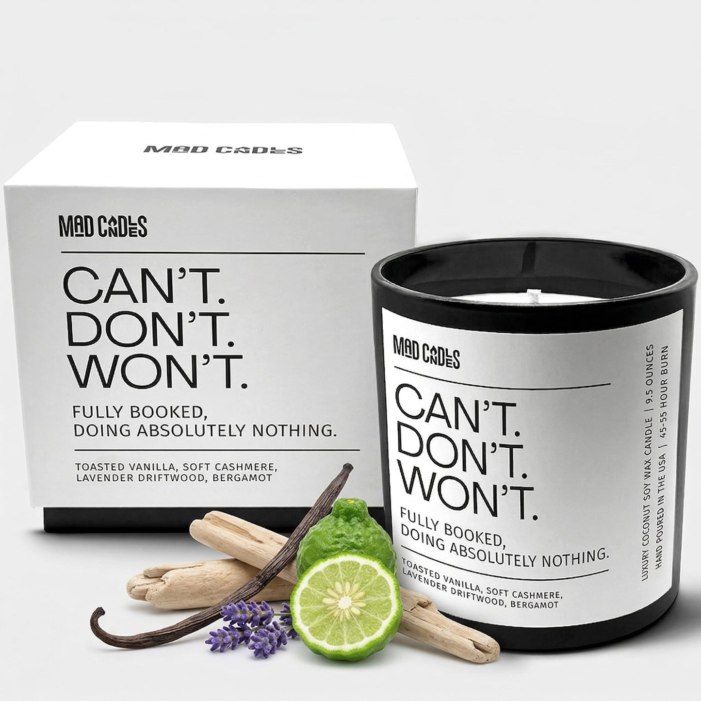 Mad Candles – Can’t. Won’t. Don’t. | Luxury Scented Candle for Relaxation & Home Décor | 9.5oz Coconut Soy Wax | Non Toxic Long Burn Candle Jar | Cozy Bedroom & Living Room Candle