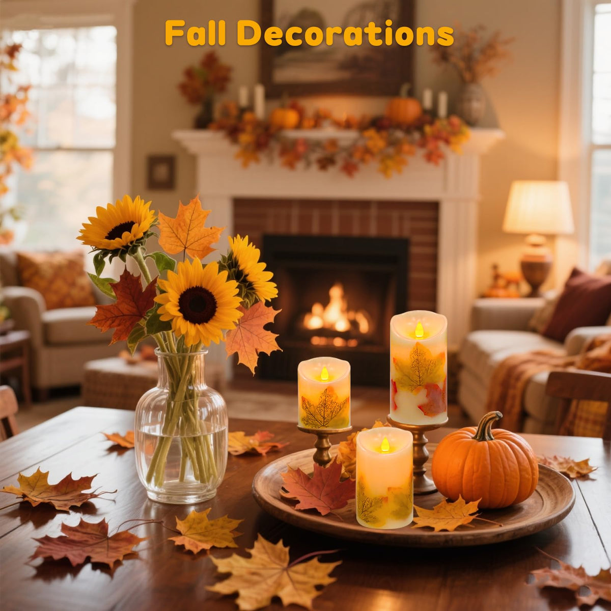 Flameless Candles Lights,Set of 3 Maple Leaf Flickering LED Candles with Remote & Timer, Dimmable LED Pillar Candles Battery Operated, Electric Candles for Thanksgiving Halloween Fall Harvest Decor
