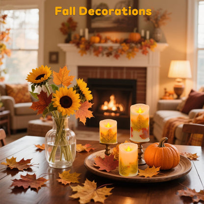 Flameless Candles Lights,Set of 3 Maple Leaf Flickering LED Candles with Remote & Timer, Dimmable LED Pillar Candles Battery Operated, Electric Candles for Thanksgiving Halloween Fall Harvest Decor