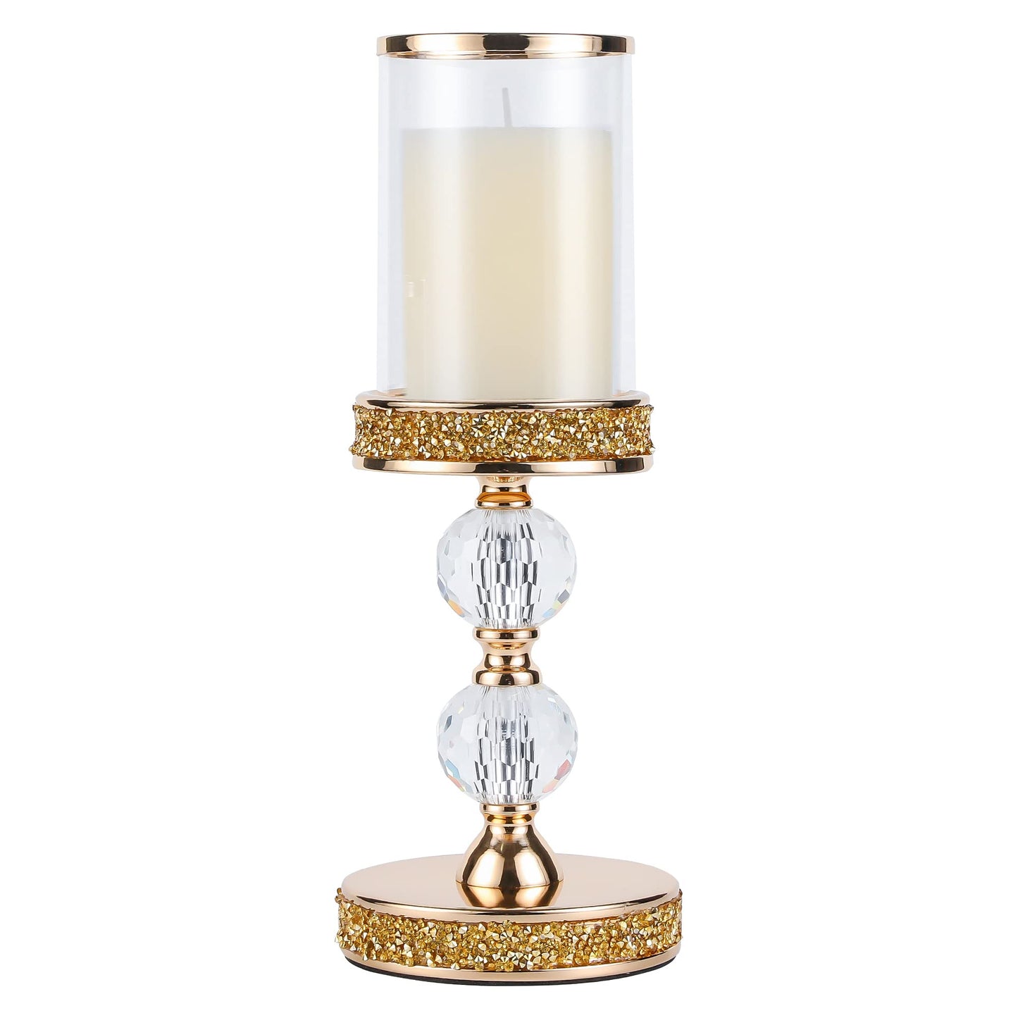 Pillar Candle Holder, 13 Inch Crystal Candlesticks for 3''X5'' Candles, Dining Coffee Table Decor, Wedding, Events, Parties - Glass and Gold Finish