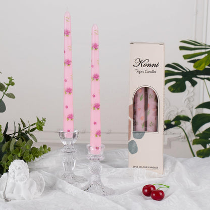 Taper Candles,10 inch 2pc Pink Tapered Candles with Peony Printed, Unscented and Smokeless Long Burning Candles,Tall Candlesticks with Cotton Wicks,Ideal for Weddings, Home Décor