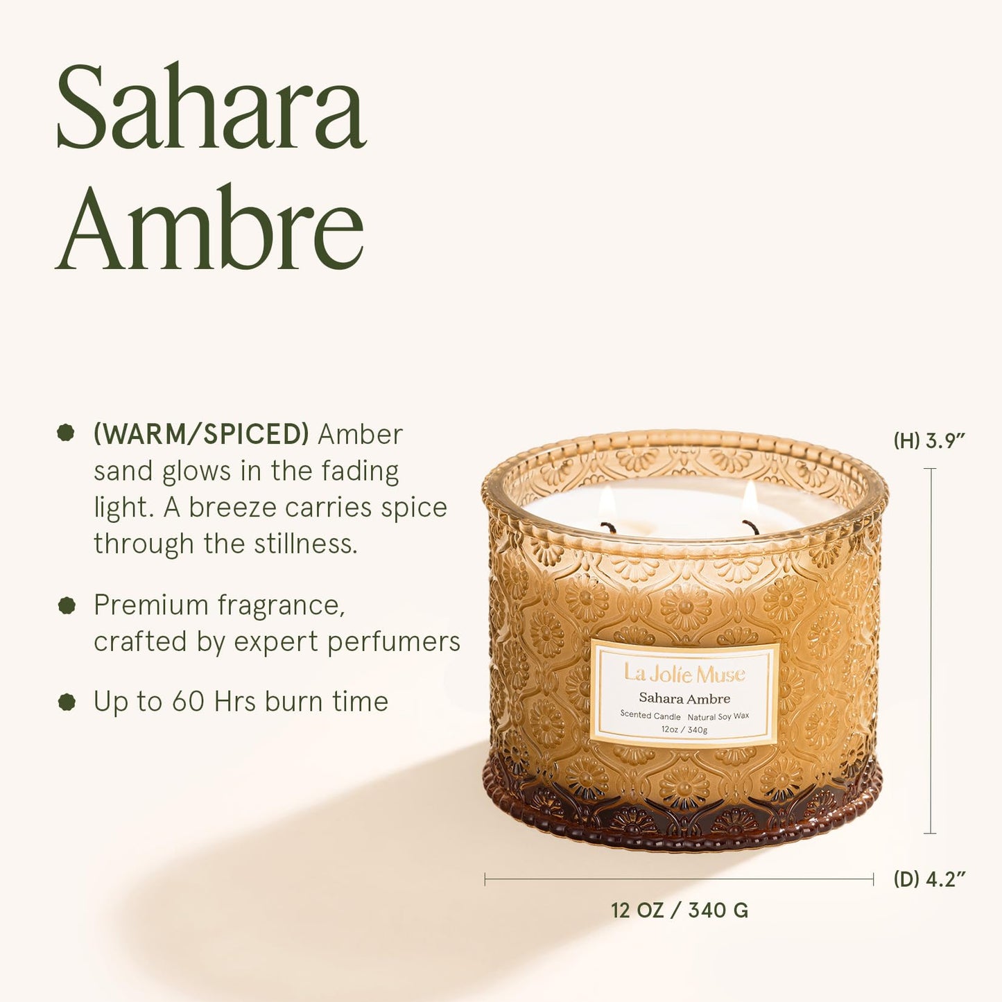LA JOLIE MUSE Sahara Amber Scented Candles for Home | 2-Wick Non Toxic Natural Soy | Luxury Decorative Large Jar Candle | Gifts for Women & Men |Bergamot Musk | 12 oz