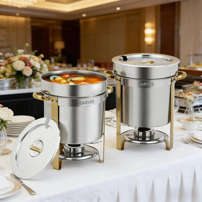 7QT Commercial Soup Warmer, 2 Pack Stainless Steel Round Soup Chafer with Pot, Notched Lids & Fuel Holders, Food Warmer for Buffets Parties Wedding Banquets Catering, Gold