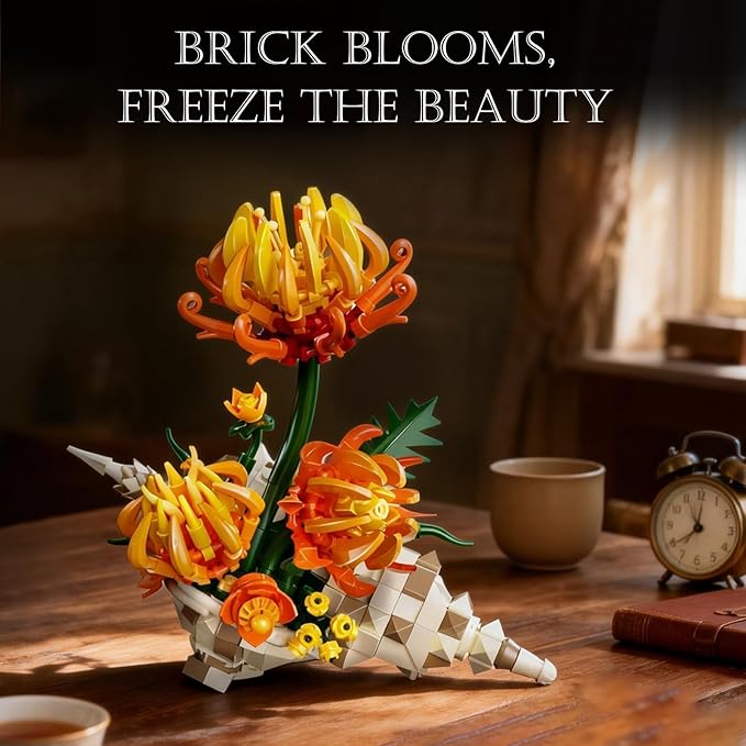 Chrysanthemum Building Set MOC Chrysanthemum Botanicals &amp Conch Model Kit for Home Office Decor Artificial Flower Gift Toy for Adults Woman 14+ (585PCS)