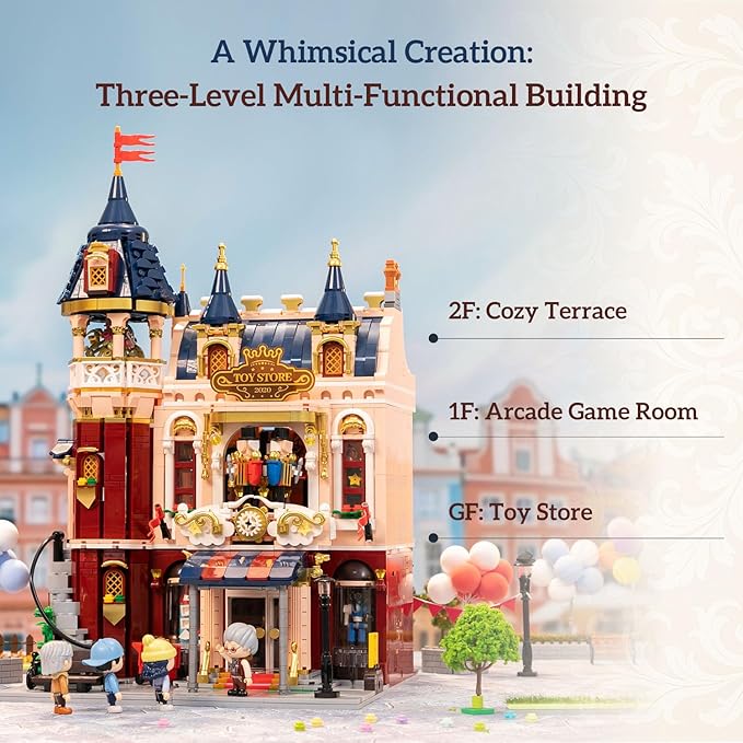 Architecture Studio and Toy Shop Modular Building Set 3 Story Modern Office with LED Lighting and European Castle Style Toy Store Urban Street Scene Brick Model with Minifigures