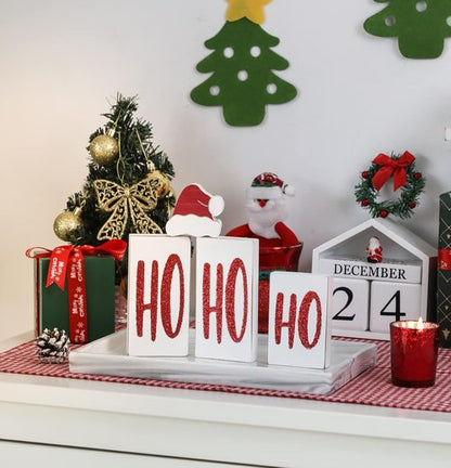 Ho Wood Christmas Blocks - Festive Wooden Tabletop Signs for Holiday Decor | Set of 4 (White)