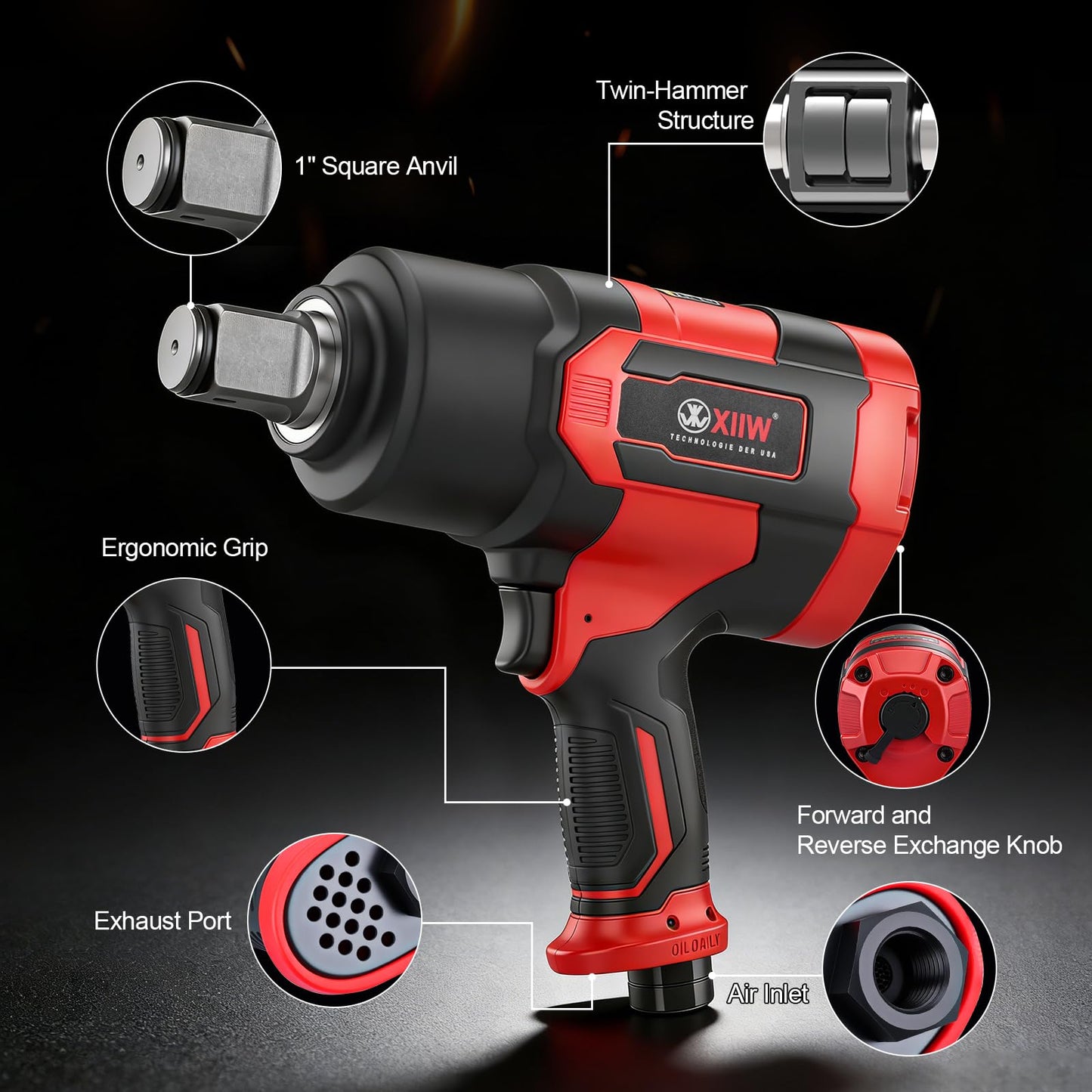 XIIW 1 Inch Air Impact Wrench, 2,350ft-lbs Nut-busting torque, 5,500 RPM, 8.5 lbs Lightweight 1 Inch Impact Gun, Twin Hammer Pneumatic Tool for Automobile Repair