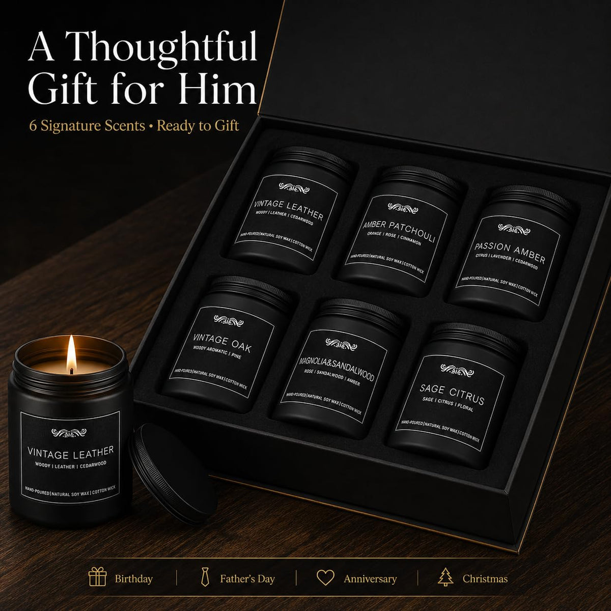 6 Pack Candles for Home Scented Aromatherapy Candles Gifts Set for Mens, Men Candle Set, 42 oz 300 Hour Long Lasting Candles Gifts for Men Birthday Anniversary Present