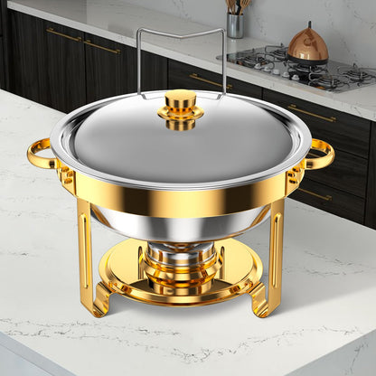 Keyoxy Round Chafing Dishes for Buffet 5 Qt,High Grade Chafing Dish Buffet Set, Full Size Pan,Rolled-Edge Design Food Warmers for Parties,Buffet,Wedding,Birthday,Camping 4 PACK (Gold)