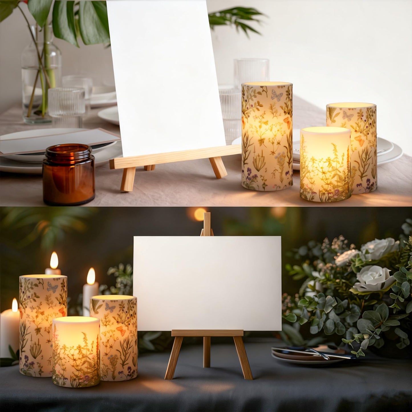 Baquler Wildflowers Floral Glass Flameless Candles with Remote Timer Battery Operated LED Flickering Pillar Spring Summer Butterfly Dinner Holiday Decor