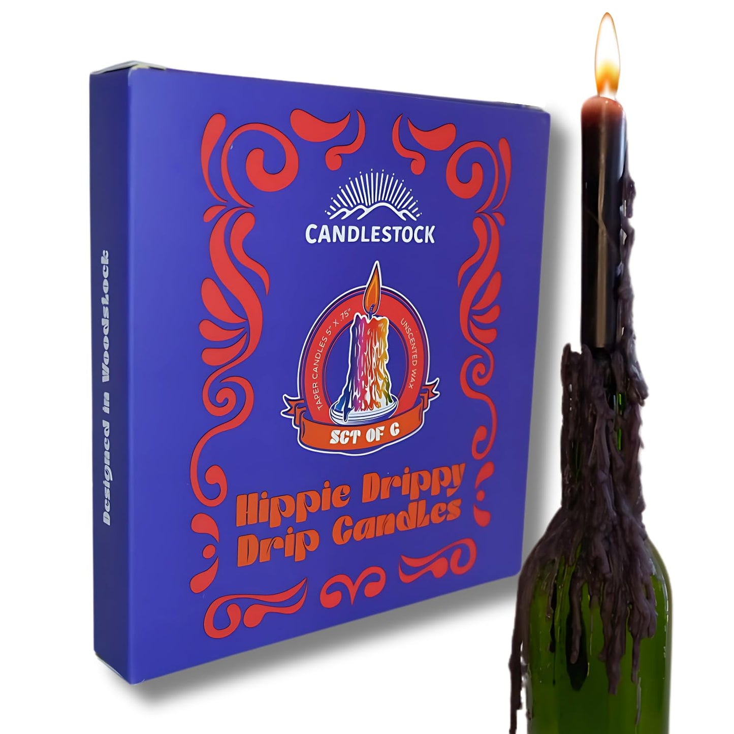 Candlestock Hippie Drippy Drip Candles - Pack of 6 Dripping Tapers - Wine Bottle Melting Candles (Black)