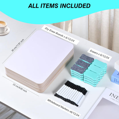 24 Pack Small White Board Dry Erase Boards Classroom Teachers Pack Mini White Boards 9" x12” Personal Whiteboards for School Students Supplies Lapboards l 24 Mini Erasers， 24 Makers Included (24)