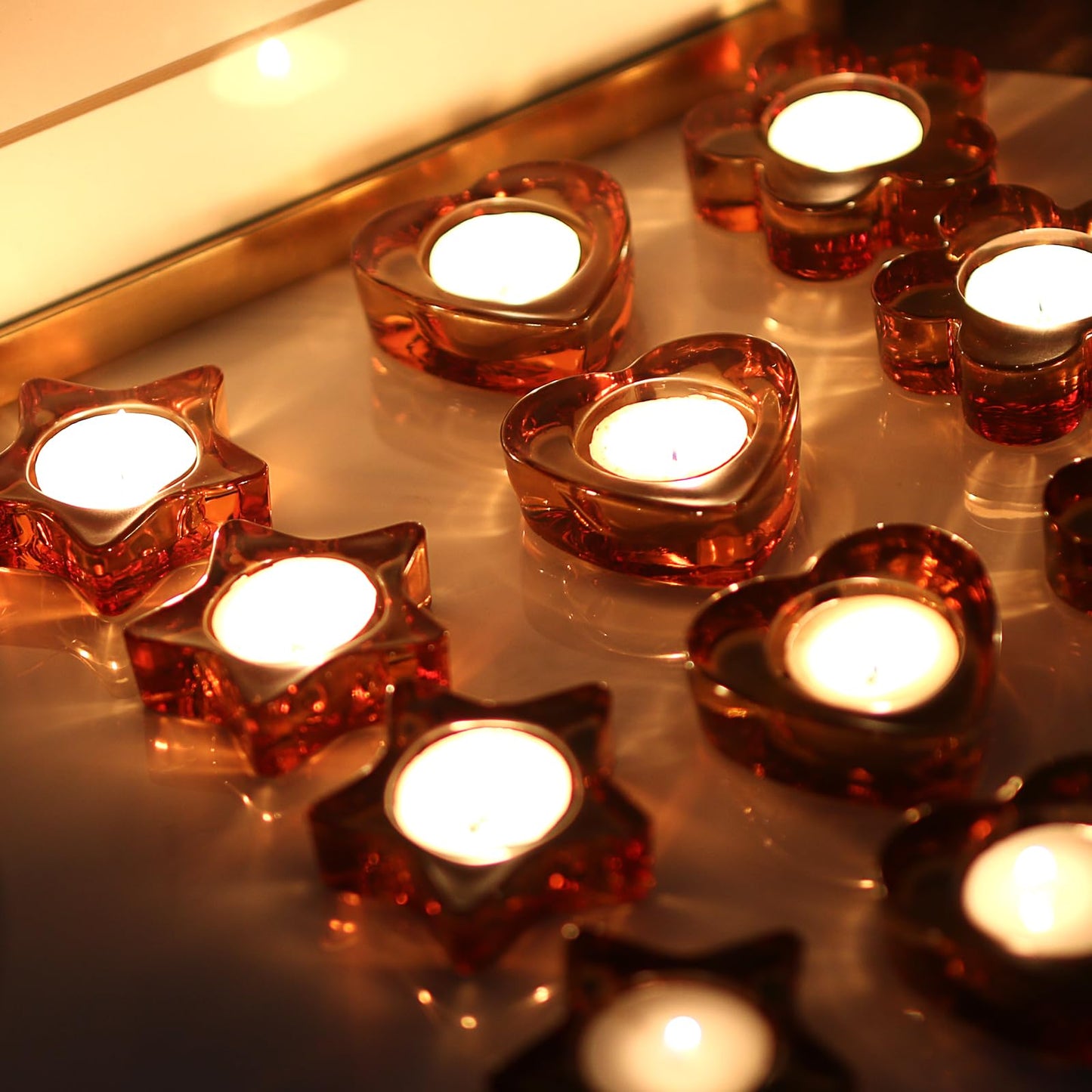 Votive Candle Holders Set of 12 for Table Centerpiece（3 Sizes,Heart/Flower/Star,Amber Glass Tea Light Candle Holders Bulk for Birthday Party,Wedding,Fall Home Decor, Festival Decorative(Amber)