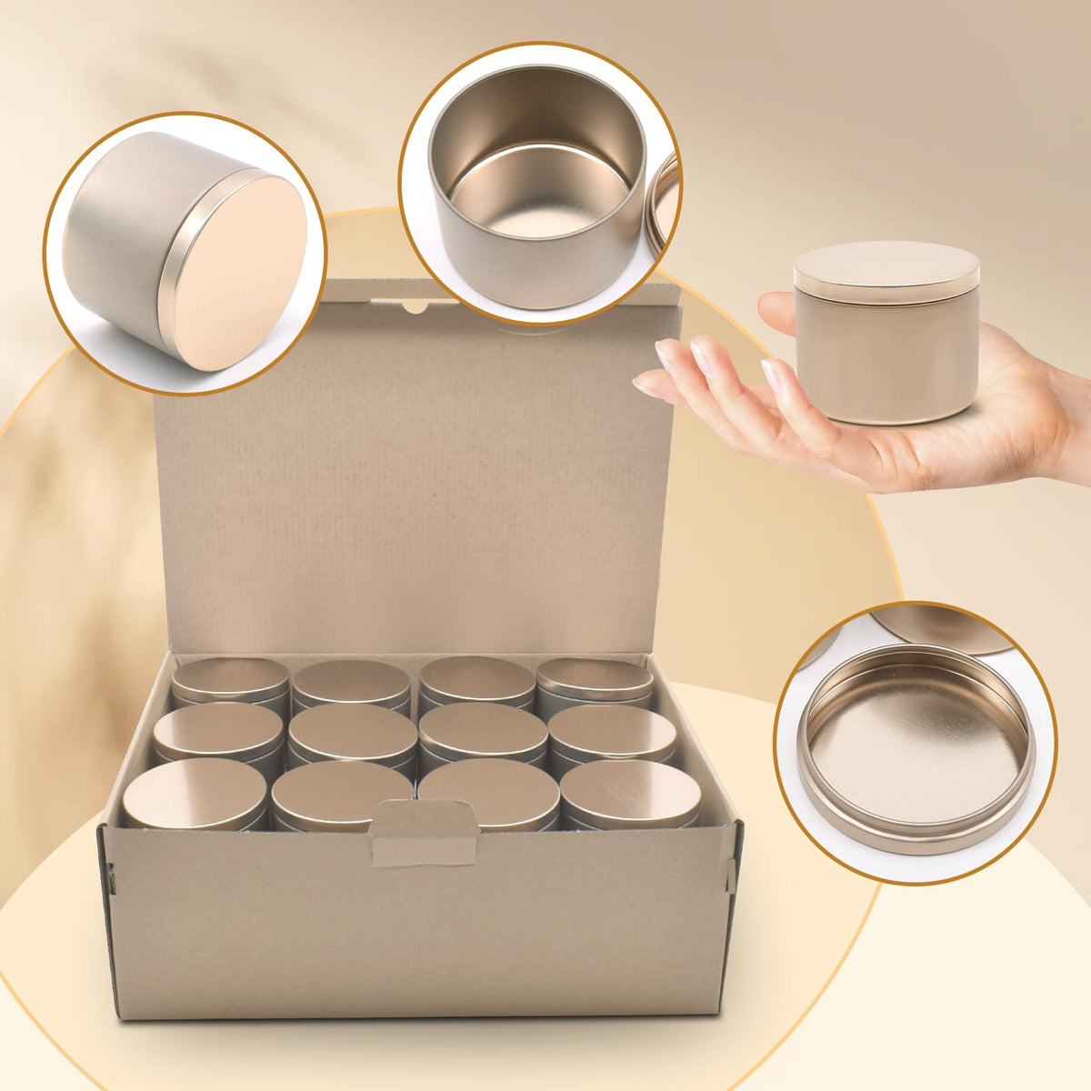 YJHSS 24-Pack 8oz Candle Tins with Lids, Metal Candle Jars for Candle Making, Empty Containers Vessels Bulk for Small Business & Beginners DIY Storage -Champagne Gold