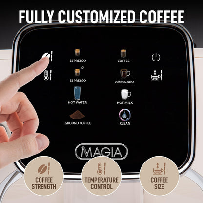 Zulay Kitchen Magia Clasica Automatic Espresso Machine with Built-In Grinder, Touch Panel Coffee Maker, Steam Wand Milk Frother, Adjustable Strength, Self-Cleaning, Cream & Silver (13" x 17.7" x 9.4")