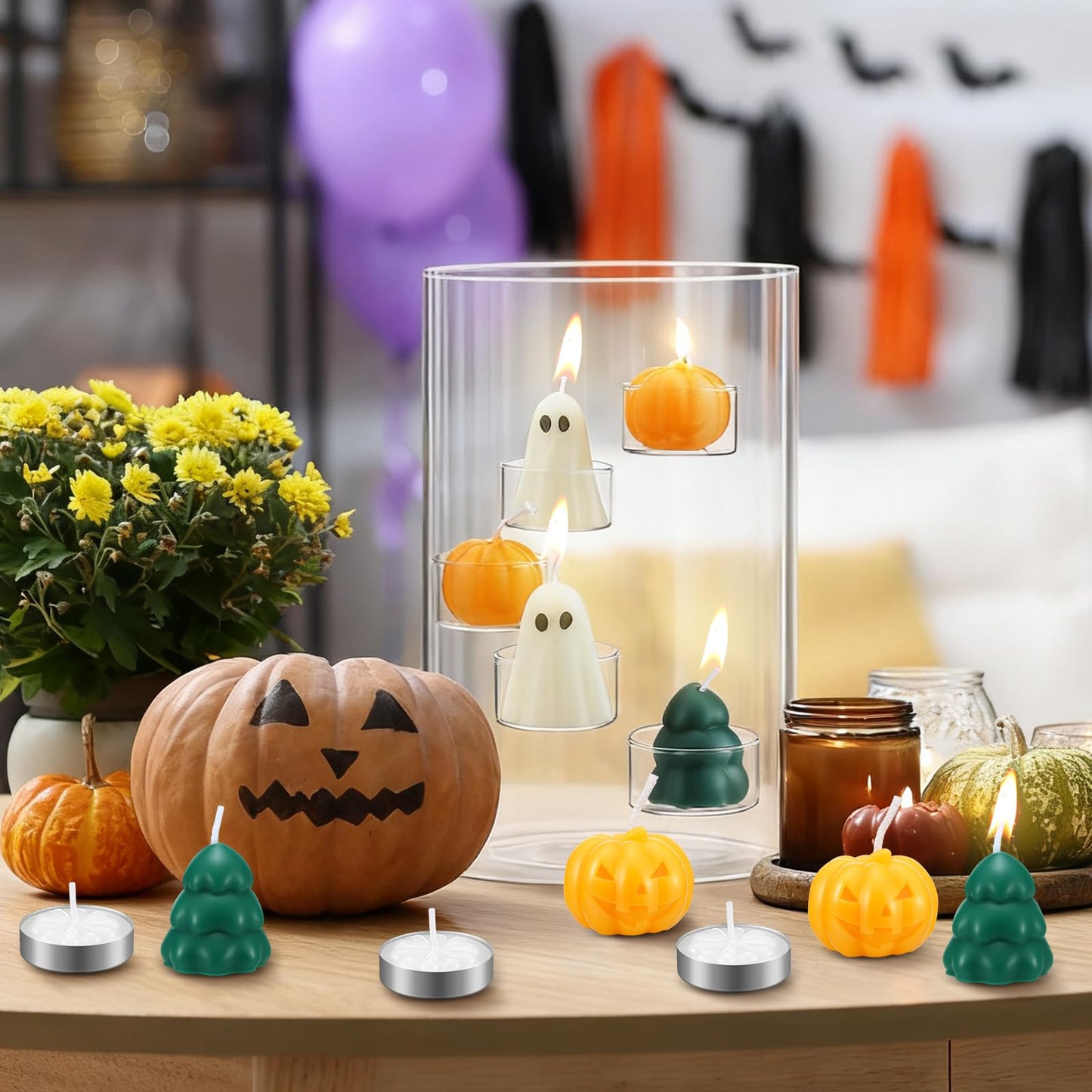 Reallnaive Halloween Glass Hurricane Candle Holder with Candles and Tea Light Clear Cylinder Pillar Candle Holder for Halloween Table Centerpiece Decorations(23 Candles,Three Style)