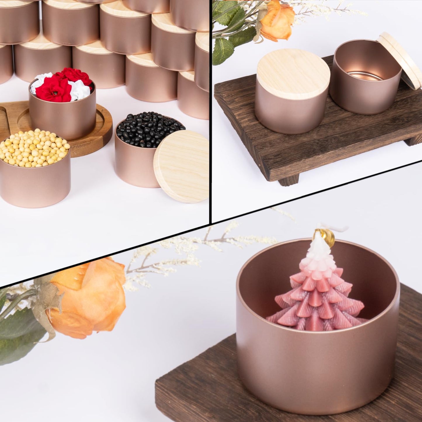 Hiztghc 24-Pack 8oz Cylinder Candle Tins with Wood-Grain Lids Multi-Purpose Containers for Storage,Aromatherapy Candle Making, Small Plants, Holiday Gifts & Arts & Crafts (Rose Gold)