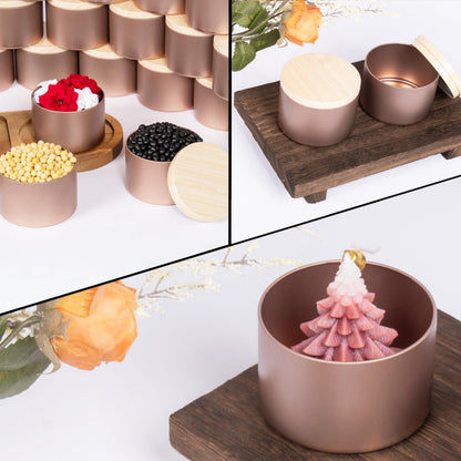 Hiztghc 24-Pack 8oz Cylinder Candle Tins with Wood-Grain Lids Multi-Purpose Containers for Storage,Aromatherapy Candle Making, Small Plants, Holiday Gifts & Arts & Crafts (Rose Gold)
