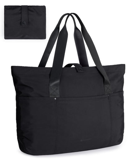 BAGSMART Tote Bag for Women, Foldable Tote Bag With Zipper Large Shoulder Bag Top Handle Handbag for Travel, Work-16.5''l X 6''wx 14''h
