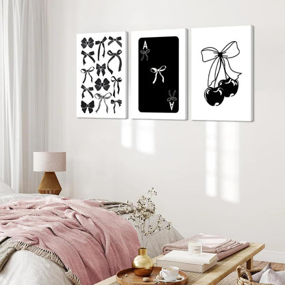 Kyiyhzp 3Pcs Fashion Black White Bow Canvas Wall Art Funky Aesthetic Cherry Poker Picture Painting Trendy Preppy Aesthetic Wall Decor Artwork for Girl Room Dorm Apartment Bedroom Decorations 16x24in