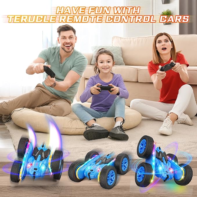 Remote Control Car Rc Cars Stunt Toys New Upgraded Strip Lights and Headlights Toys Double-Sided 360° Rotating 4WD Drift Truck for Boys Girls Birthday Gift (Blue)