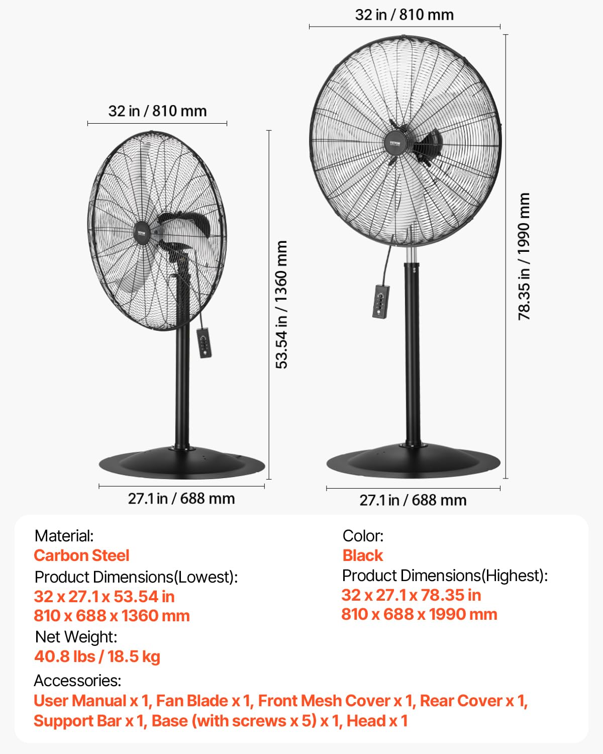 VEVOR Industrial Pedestal Fan, 30 Inch 85-Degree Oscillating Fan, Height Adjustable Standing Fans with 3 Adjustable Speeds, High Power Floor Fans for Office, Black