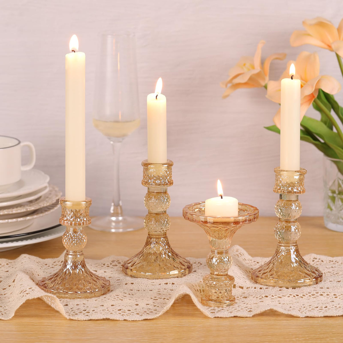 DARJEN Gold Glass Candlestick Holders Set of 6, 4" H & 5" H Taper Candle Holders for Candlesticks & Pillar Candles, Diamond Candle Holders for Wedding Party Table Centerpiece, Home Decor