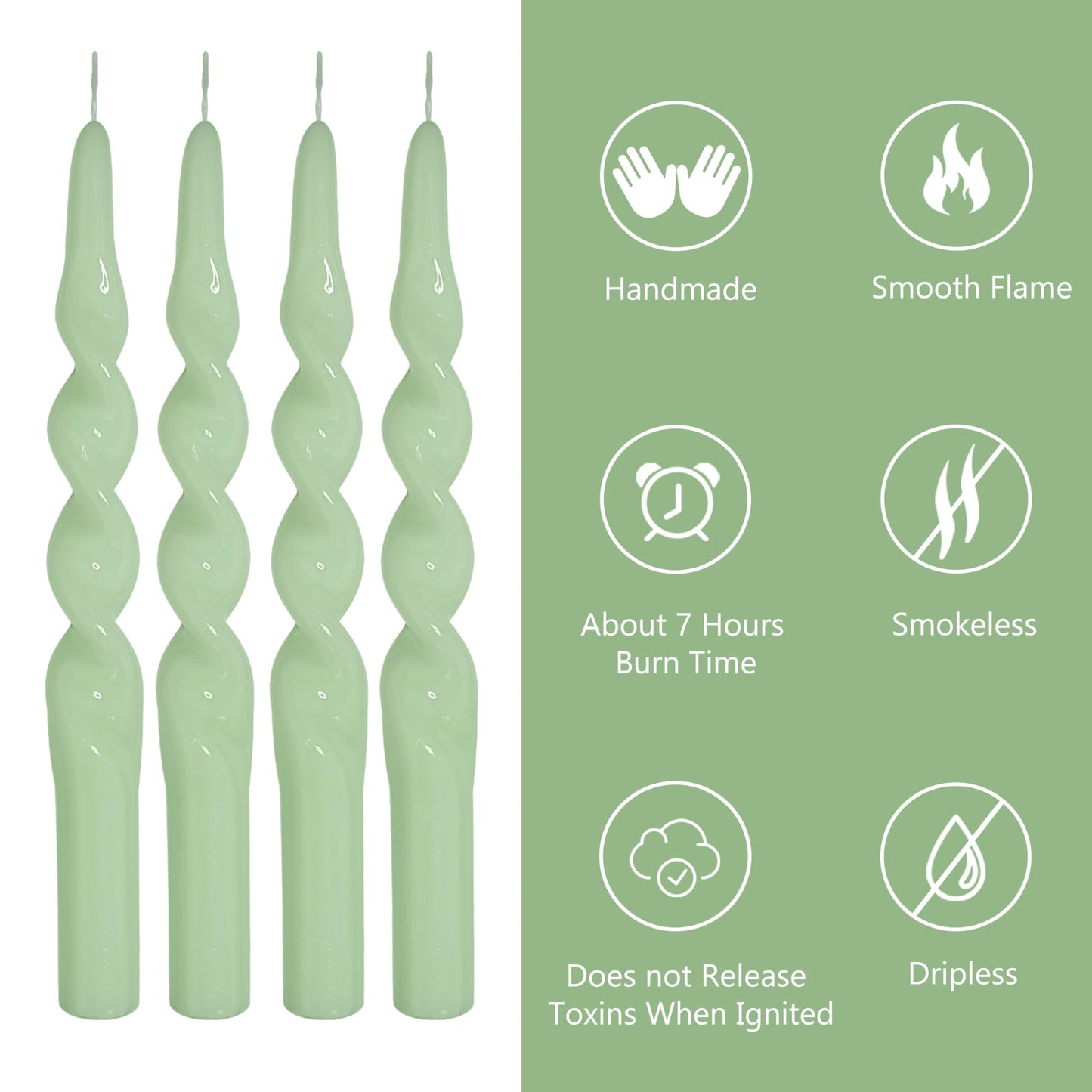 10 Inch Spiral Candles Set of 4, Light Green Taper Candles, Handmade Twisted Candles, Unscented Candle Sticks for Summer Wedding Dinner Decor