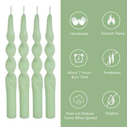 10 Inch Spiral Candles Set of 4, Light Green Taper Candles, Handmade Twisted Candles, Unscented Candle Sticks for Summer Wedding Dinner Decor