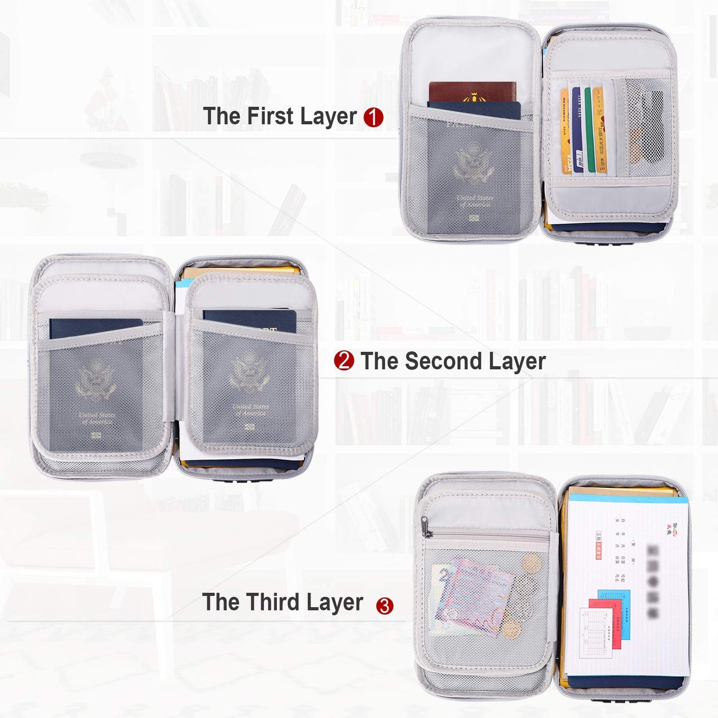 ENGPOW Small Fireproof Storage Organizer Case with Lock(9”x 5.3”x 3.7”), Soft Money Safe Coin Organizer Wallet Bag for Cash,Card,Passport,Check,Bill,Travel Home Organizer Carrying Case,Silver