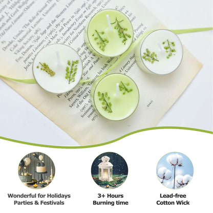 English Pear & Freesia Scented Tea Lights, 4-Pack White & Green Beeswax Soy Wax Tealight Candles with Dried Flower Decoration, Long-Lasting, Ideal for Relaxation, Spa, and Gifts