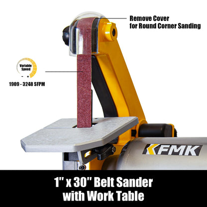 KFMK Variable Speed 1" x 30" Belt & 6" Disc Sander Combo, 3/4 HP Direct-Drive Motor, 2000–3400 RPM Disc / 1909–3248 SFPM Belt, Adjustable Work Tables & Miter Gauge, Benchtop Sander for Wood & Metal
