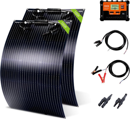 200W Flexible Solar Panel Kit, Lightweight Monocrystalline Ultra-Flexible Bendable Mono Off-Grid Charger with 30A Charge Controlle for 12-24V Battery Charging Car Battery Camping Stuff (2 * 100W)