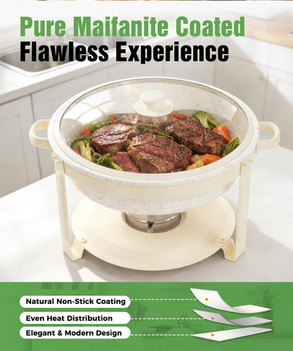 IMACONE Chafing Dishes for Buffet, 4 Pack 6QT White Chafing Dish Buffet Set, Maifanite-Coated Stainless Steel Chafer Set with Glass Lid, Rolled Edge Buffet Warmers for Parties, Weddings & Catering