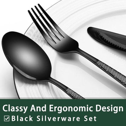 EWFEN 24-Piece Black Silverware Set with Steak Knives, Black Flatware Set for 4, Food-Grade Stainless Steel Tableware Cutlery Set, Mirror Finished Utensil Sets for Home Restaurant, Round Hammered