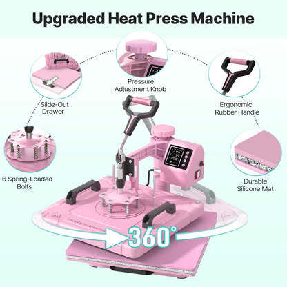 Slendor 8 in 1 Heat Press Machine 15x15 inch 360-Degree Swing Away Digital T Shirt Pressing Machine Multifunction Heat Transfer Sublimation Combo for T Shirts Mugs Hat Plate Cap,Pink